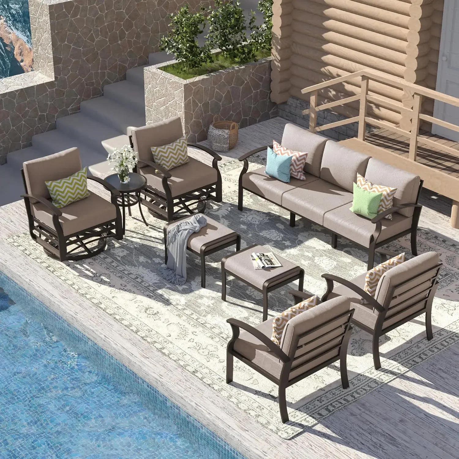 Aluminum Patio Furniture Set with 2 Swivel Chairs 9-seat Metal Outdoor Furniture Patio Sectional Sofas