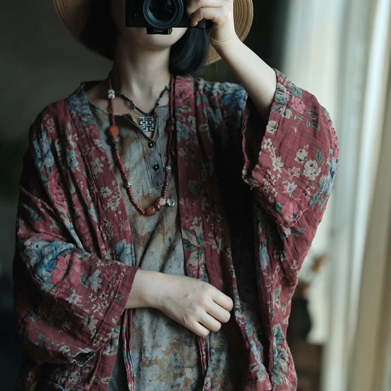 Oversized Women Casual Cotton Shirt New 2025 Spring Vintage Style Floral Print Loose Female Batwing Sleeve Tops Shirts M1391 - Image 4