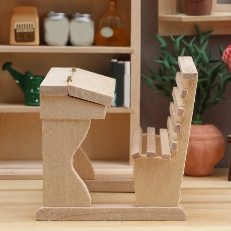 1:12 Scale Miniature School Desk with Integrated Slatted and Backrest for Classroom Arrangements, Study Rooms, and 15UB