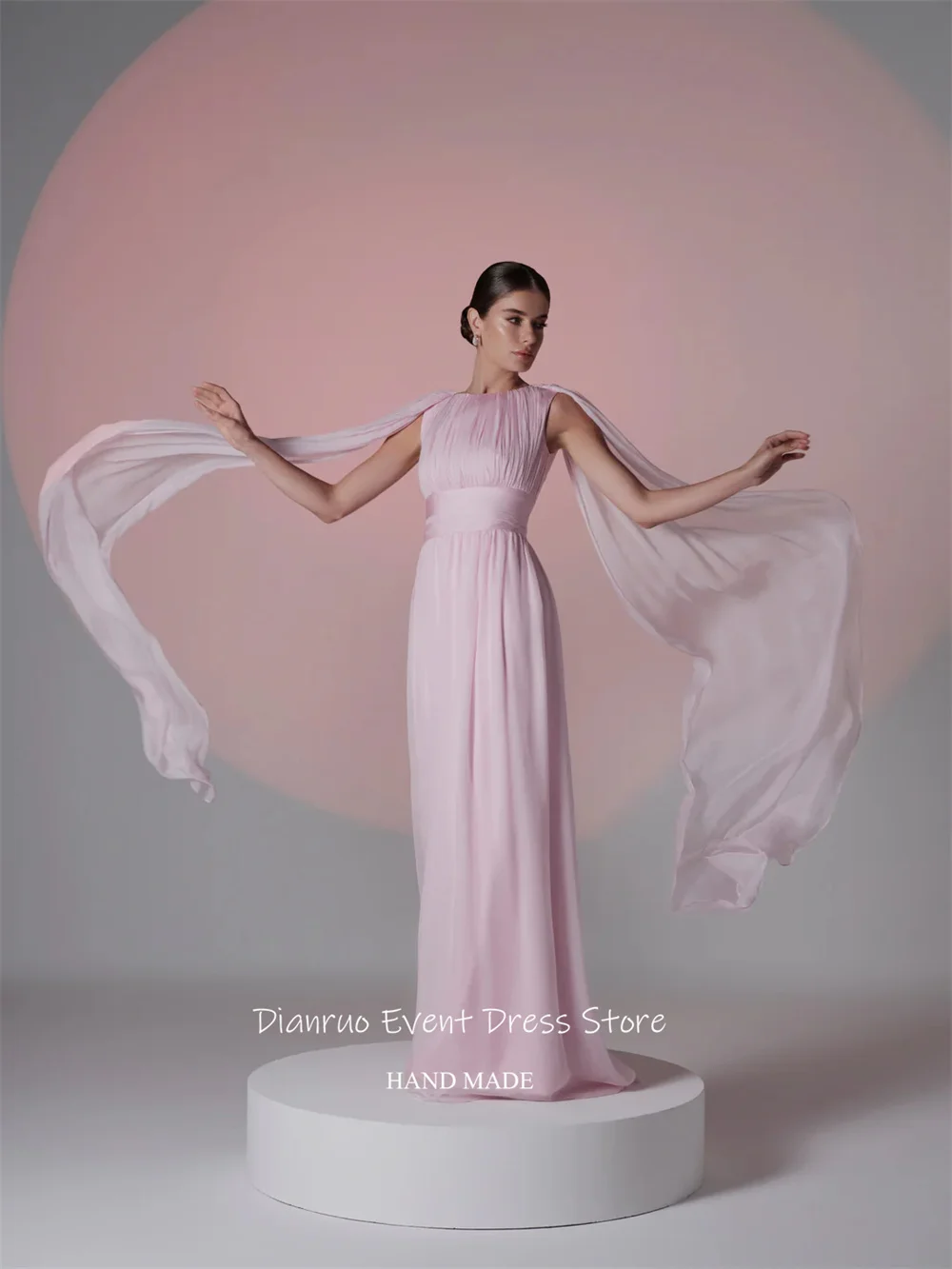 Dianruo-vestido de Noche rosa con mangas tipo capa, Vestidos de gasa fluidos Para Mujer, corte en A, escote redondo, personalizado