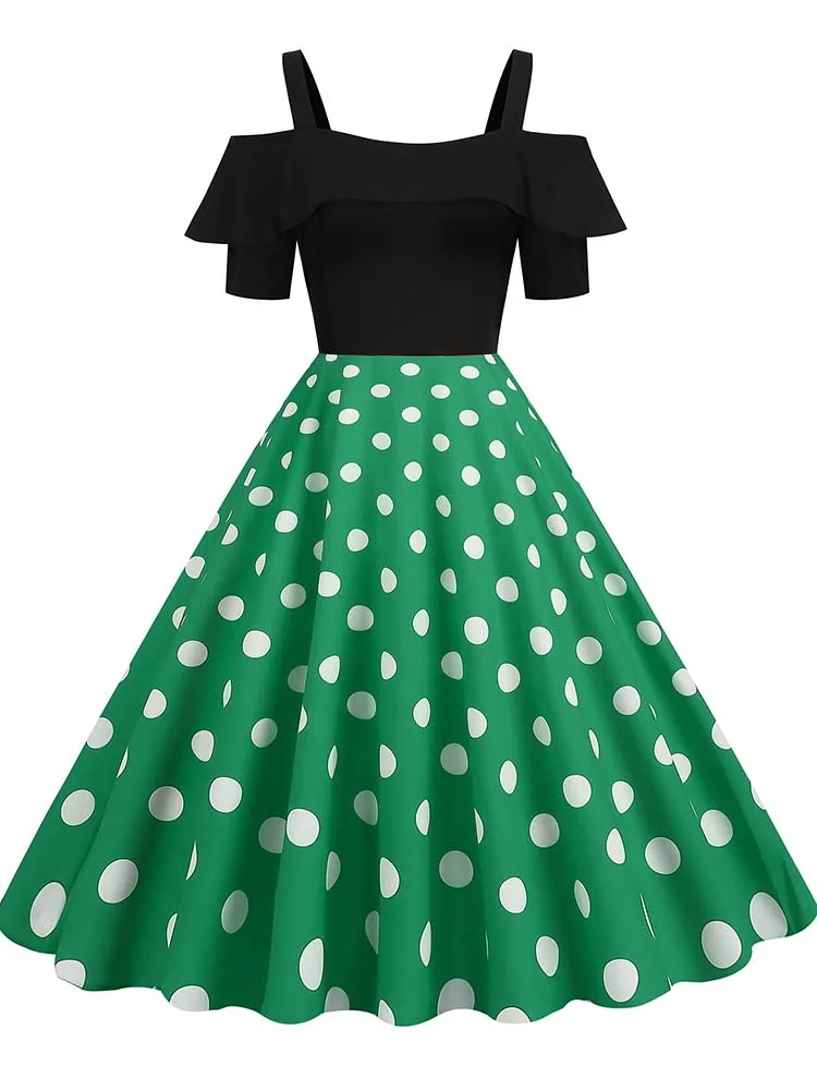 Off the Shoulder Elegant Vintage Party Dress Women Summer Polka Dot Ruffles A Line Midi Dresses