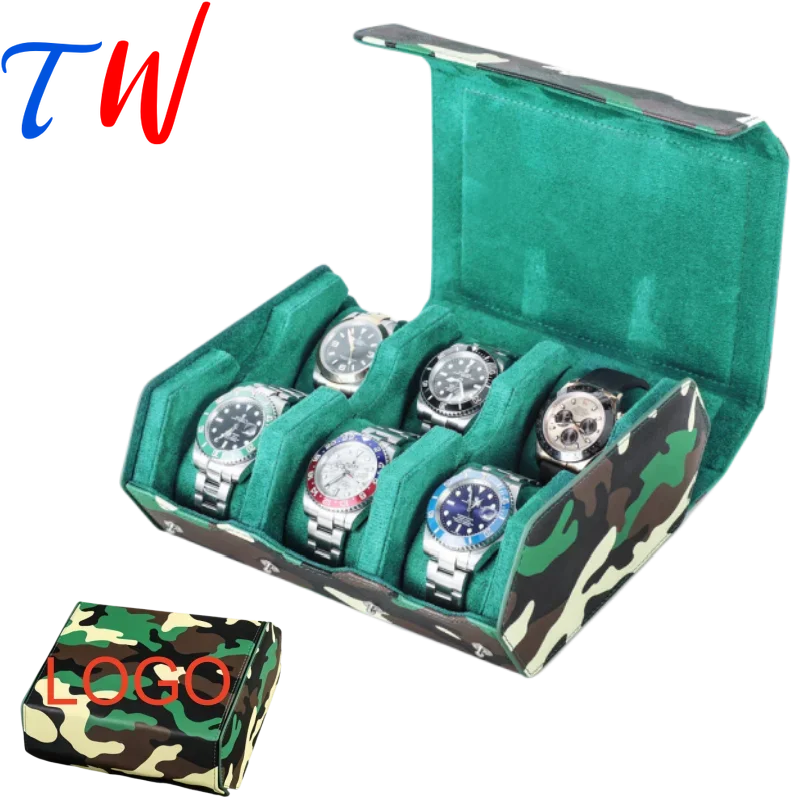 Genuine Leather Watch Case Camouflage Handmade Watch Storage Box Travel Portable 6 Slots Personalization Gife Free Custom Logo