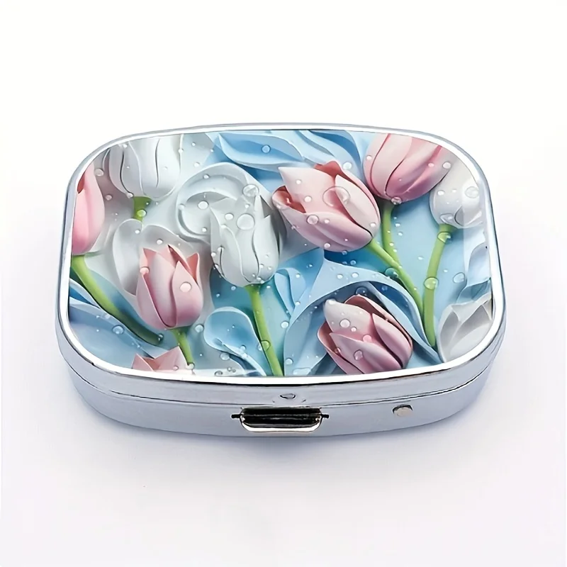 1Pc Elegant Floral-Patterned Metal Pill Box with 2 Compartments - Portable, for Storing Jewelry and Earrings, Perfect Holiday Gift, Decorative Jewelry Storage Box with Secure Closure, Jewelry Box