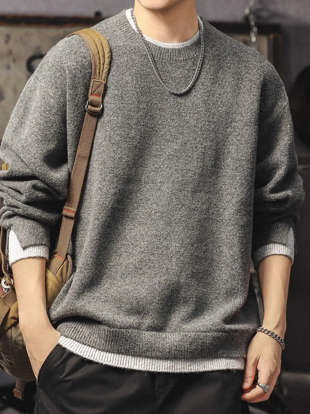 

Мужской теплый вязаный свитер большого размера для зимы, имитация двухслойной одежды, с круглым вырезом, базовый слой, носимый под одеждой