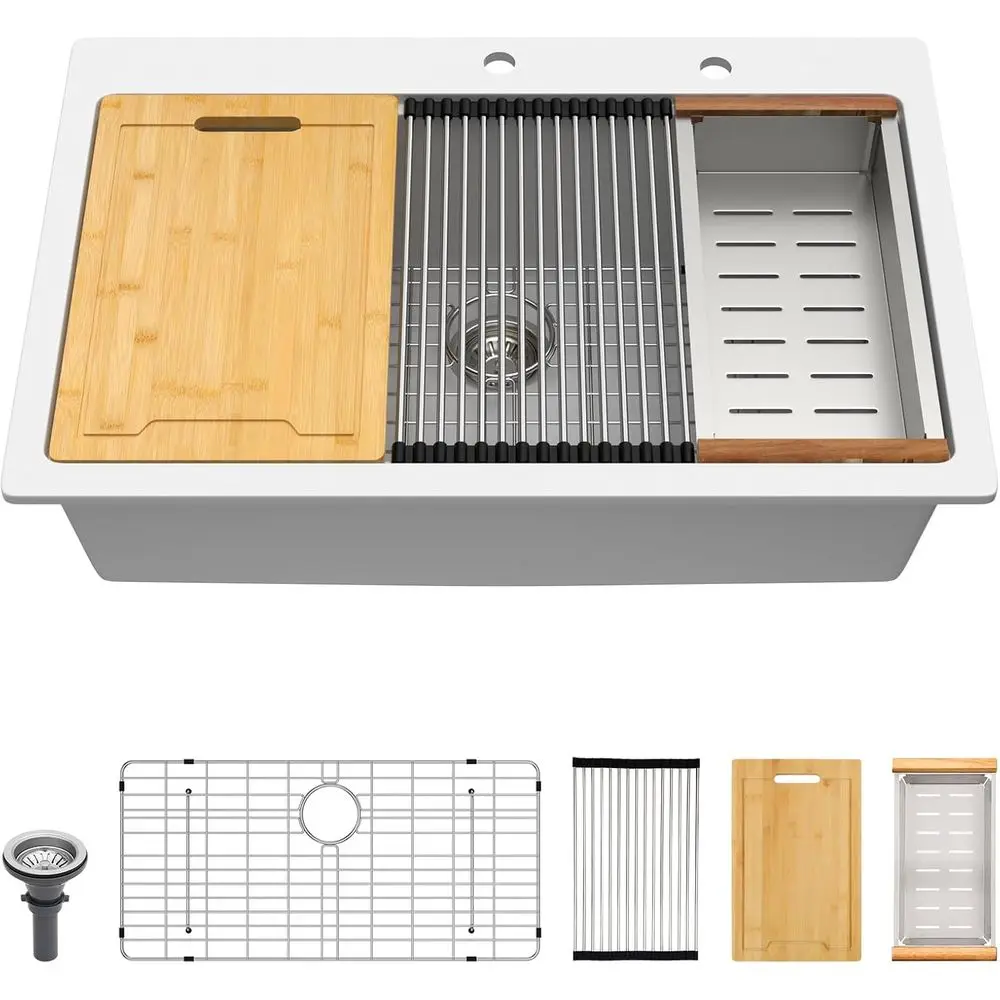 

Кухонная мойка из белого композитного гранита 33x22 дюйма, встраиваемая, с выступом для рабочей зоны, кварцевая, с одной чашей, модель B