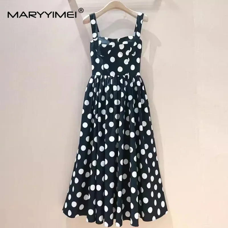 ILYBOOJUN Fashion Summer Pretty Women's dress Square-Neck Dress Spaghetti Strap Backless Dots Print High waisted Cotton Dresses