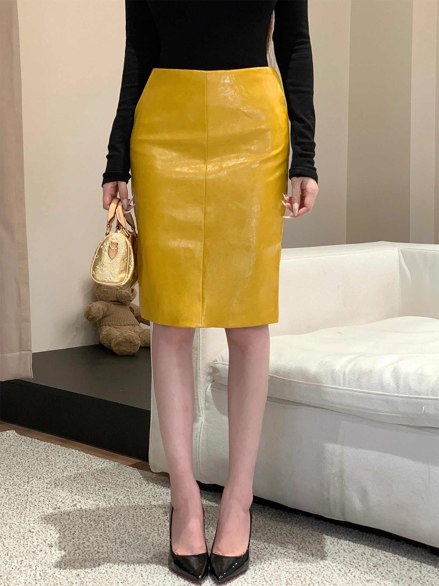 

Желтая юбка из ПУ для женщин, с высокой талией, прямого кроя, повседневная, весна-осень, новая, облегающая, для молодых девушек