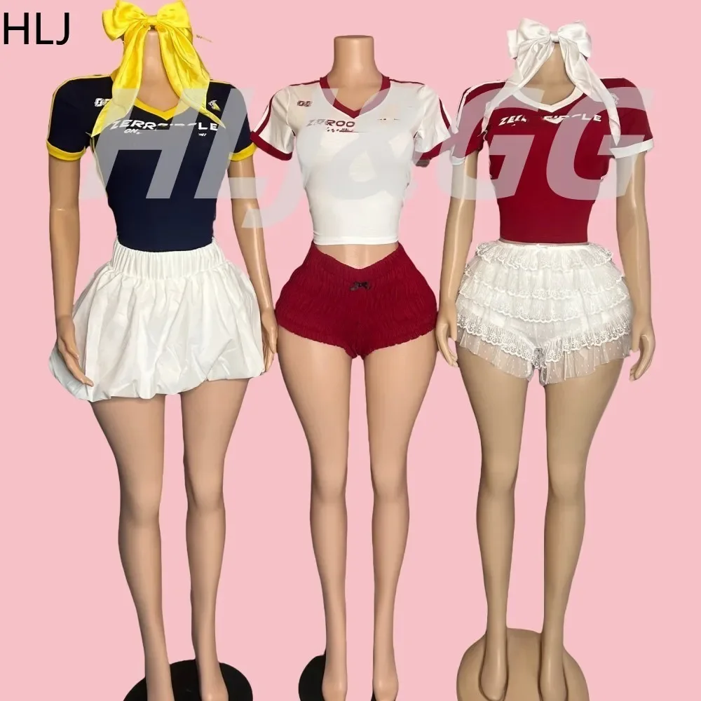 

HLJ&GG Y2K American Vintage Style Streetwear Women Letter V Neck Short Sleeve Crop Top+Lace Ruffle Skirts Two Piece Set Outfits