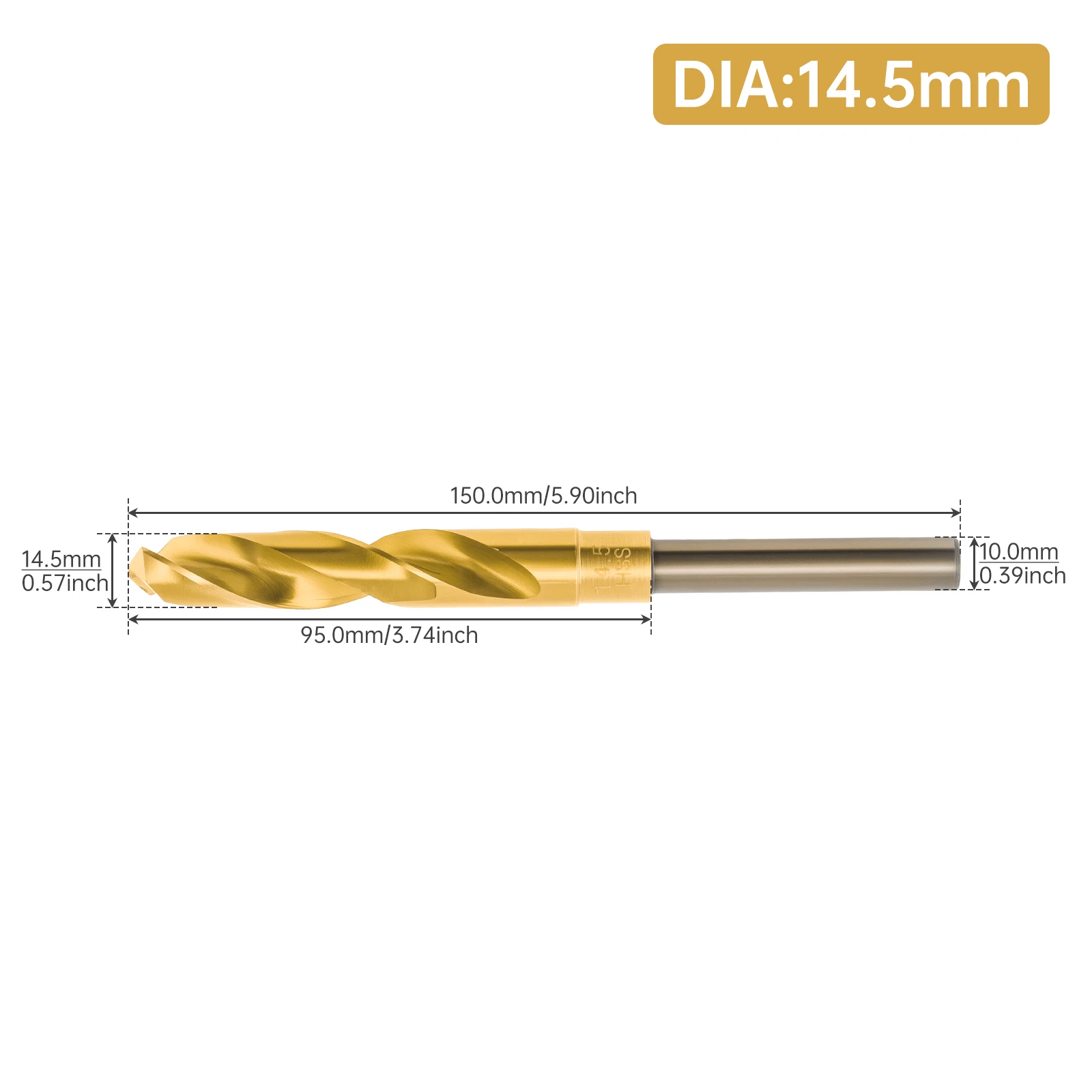 37/64 inch Metric 14.5 mm Drill Bit HSS Titanium Coating 118 Degree Drill Tip Reduced Shank Drill for Metal / Iron