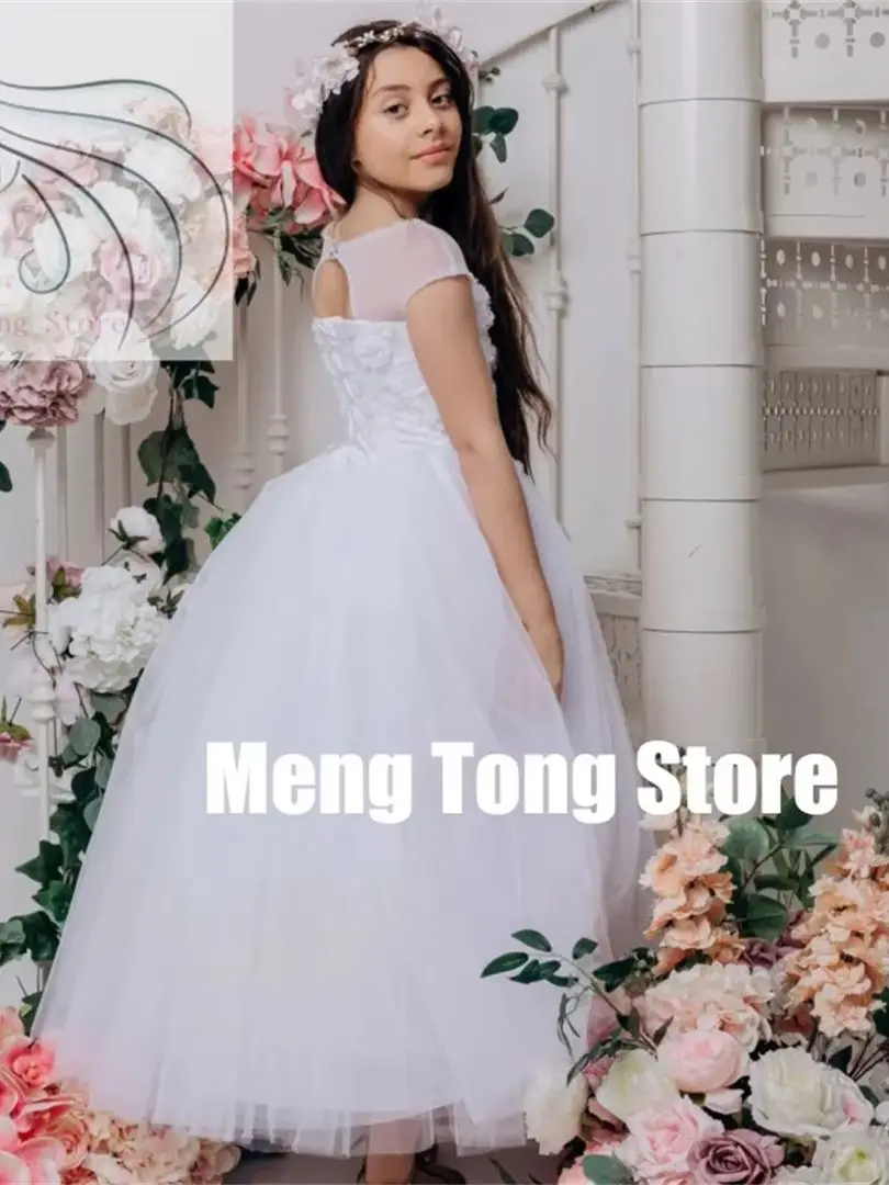 カスタマイズされた結婚式誕生日フラワーガールドレスチュール花アップリケノースリーブパーティーウエディング宴会プリンセスガウン