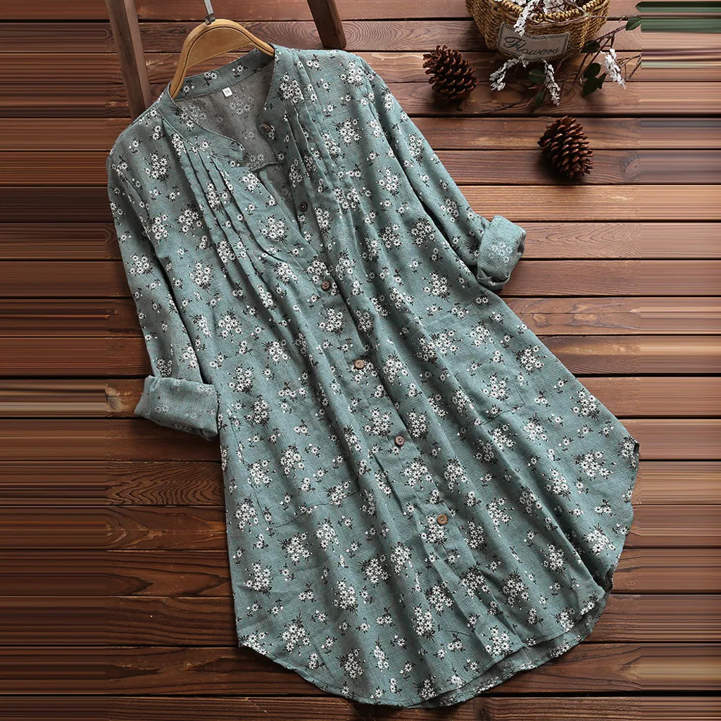 Women Button Down Shirts Long Sleeved Floral Pattern Loose Shirt Blouse Casual Stand Collar Tunic Tops