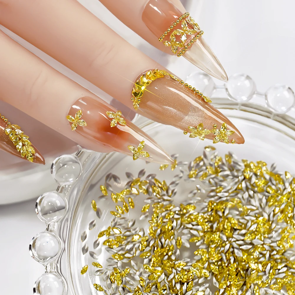 100 pièces 3D carré/oeil de cheval/blé or Nail Art strass 1.5/2/5.5mm fond pointu or ongles diamant scintillant or ongles gemme