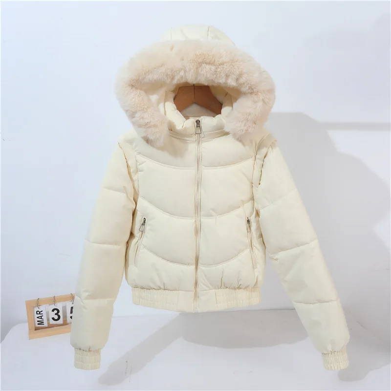 Thick Parkaa Women Fur Collar Warm Short Coats Zipper Hooded Slim Fit Casual Solid Jacket High Waist Jackets Autumn Winter