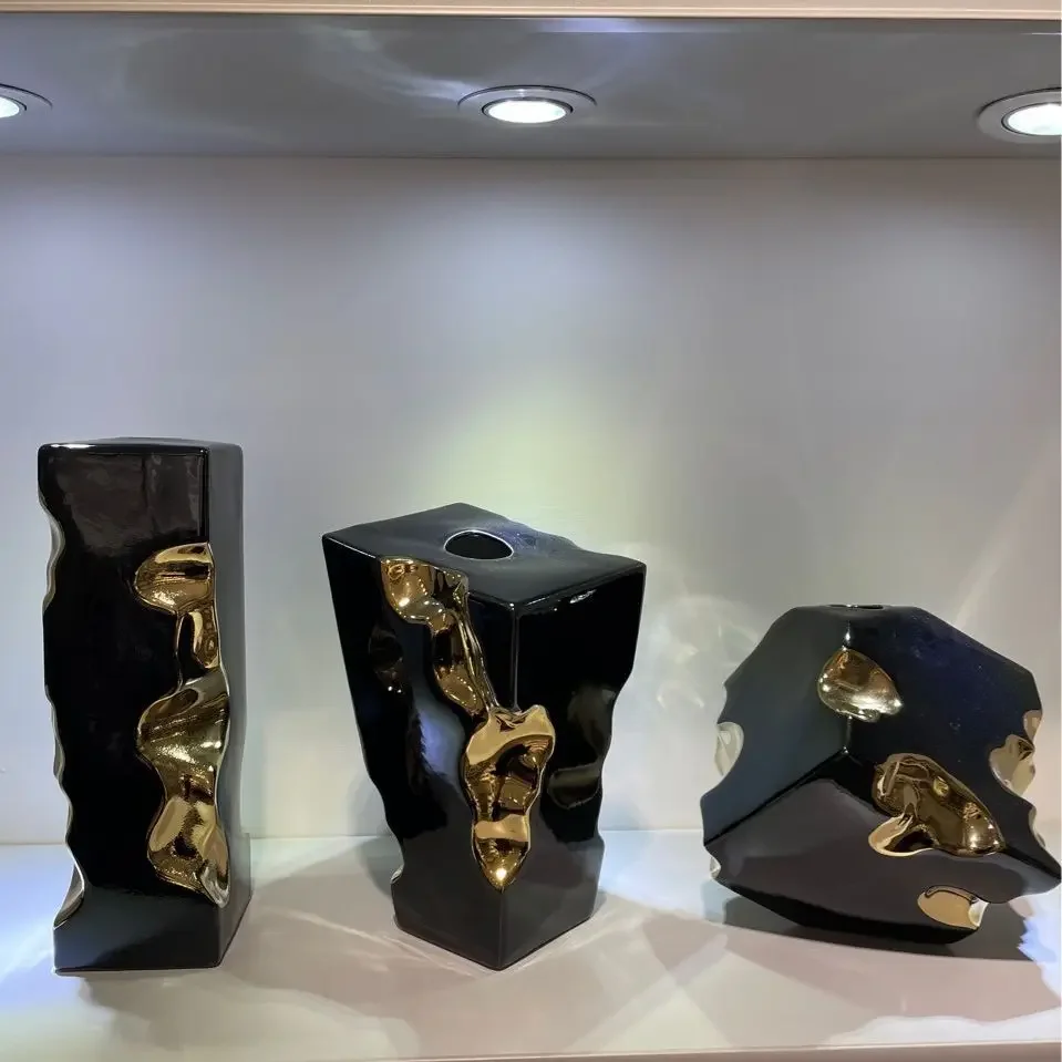 Black Ceramic Vase Geometric Square Golden Notch Melt Flower Vase Ceramic Handicrafts Home Decoration Accessories