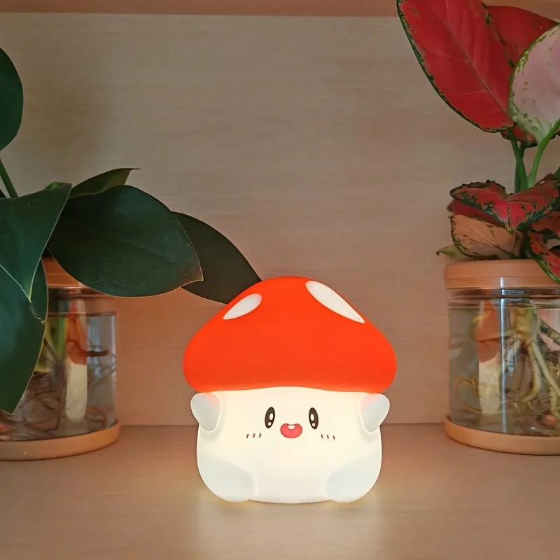 Red mushroom LED ambient night light, USB charging, two adjustable brightness levels, bedside companion sleep timed pat light