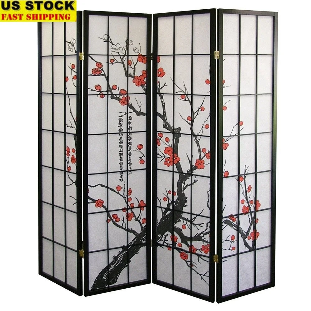 

Japanese 4-Panel Room Divider Plum Blossom Rice Paper Wood Lightweight Privacy Screen Foldable Decorative Home Partition