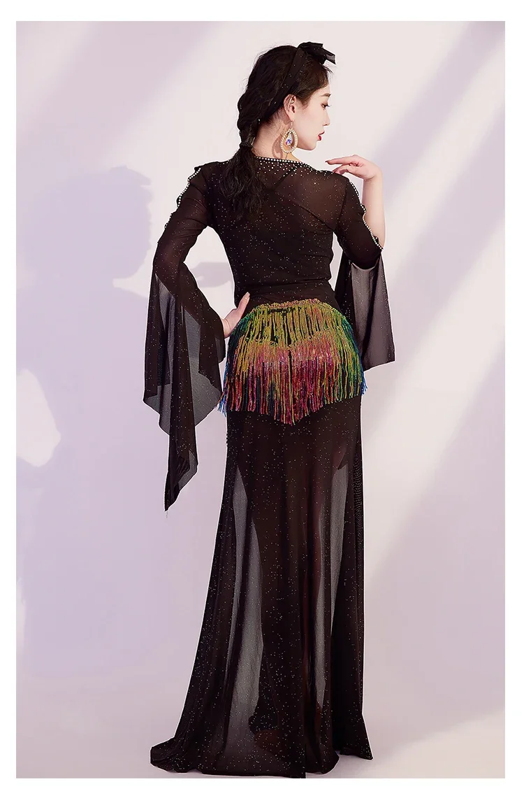 BellyDance Competition Costume High end Diamond Tassel Robe+Vest+Headband 3pcs Baladi Shabbi Oriental Dance Performance Costumes