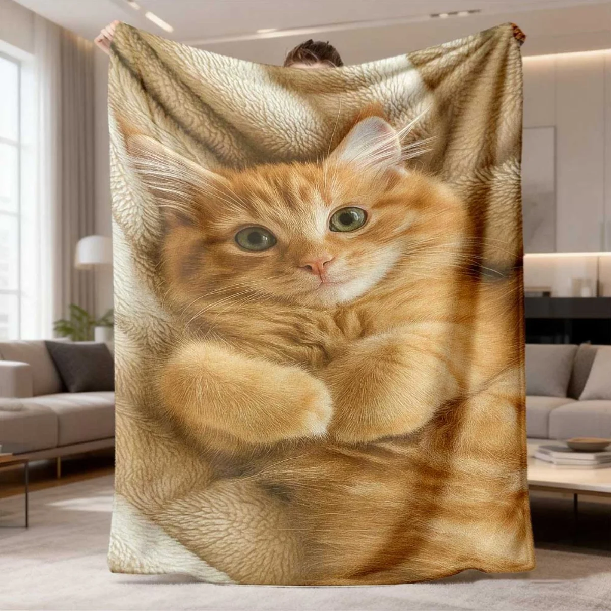 Sweet Realistic Kitten Pattern Flannel Blanket Soft Comfortable Throw Blanket Pet Cat Print Blanket Home Holiday Birthday Gift