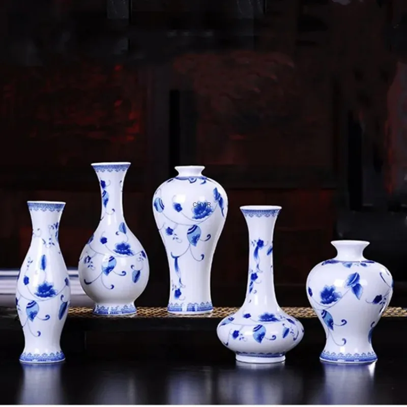 Blue and White Porcelain Vase, Flower Arrangement, Small Mouth Mini Hydroponic, Antique Chinese Hand-painted Living Room Coffee