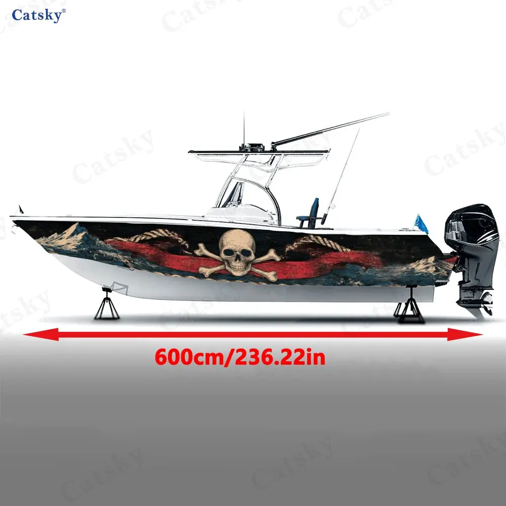 Distressed Bone Blade Raging Sea Boat Stickers, PVC Waterproof Vinyl Wrap Decals for Fishing Boats, Durable and Stylish Design