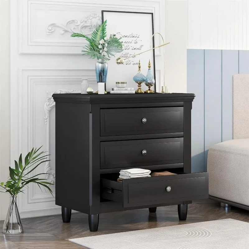 Bellemave 3-Drawer Nightstand, Wood Bedside Table Cabinet with Solid Pine Wood Legs, Black