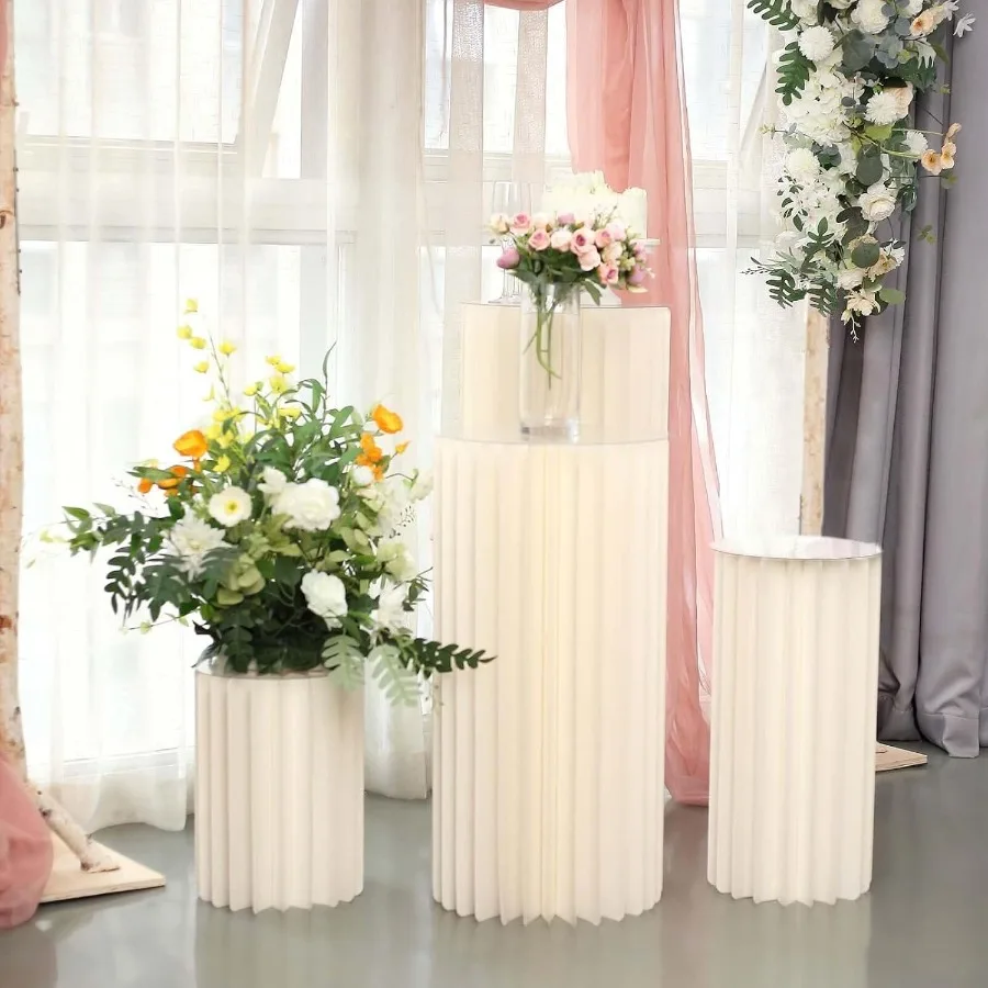 

40" Ivory DIY Accordion Cylinder Cardboard Folding Pillar Pedestal Box Display Column Stand With Round Top Plate