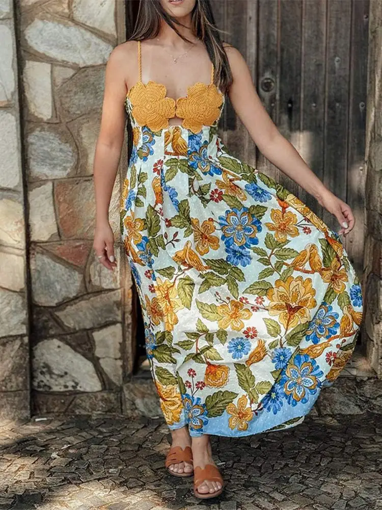 

Модное платье-трапеция на бретельках с цветочным принтом, женское элегантное Свободное длинное платье с открытой спиной и шнуровкой, новинка 2024, женское платье для пляжа