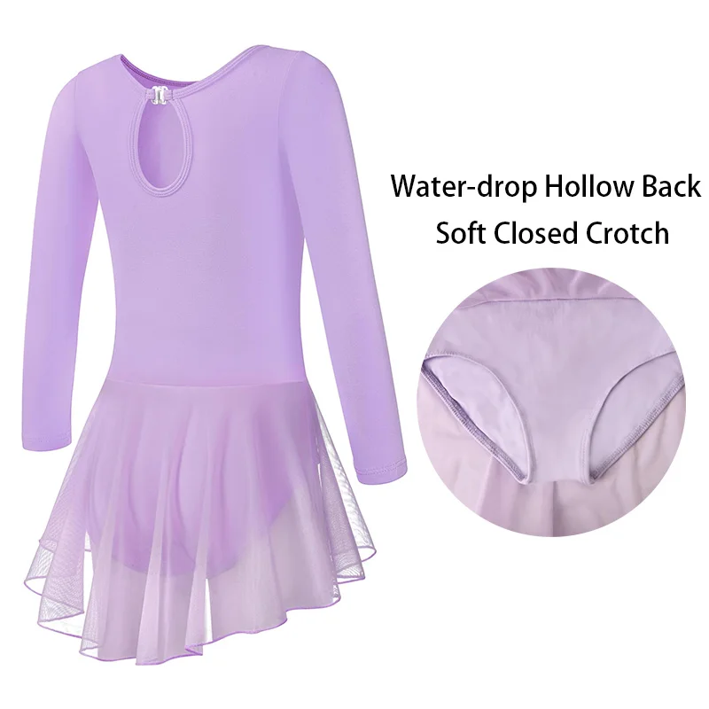 Collant de balé para meninas, vestido de dança de ginástica com contorno e botão dobrável, gota de água, costas vazadas e saia de malha