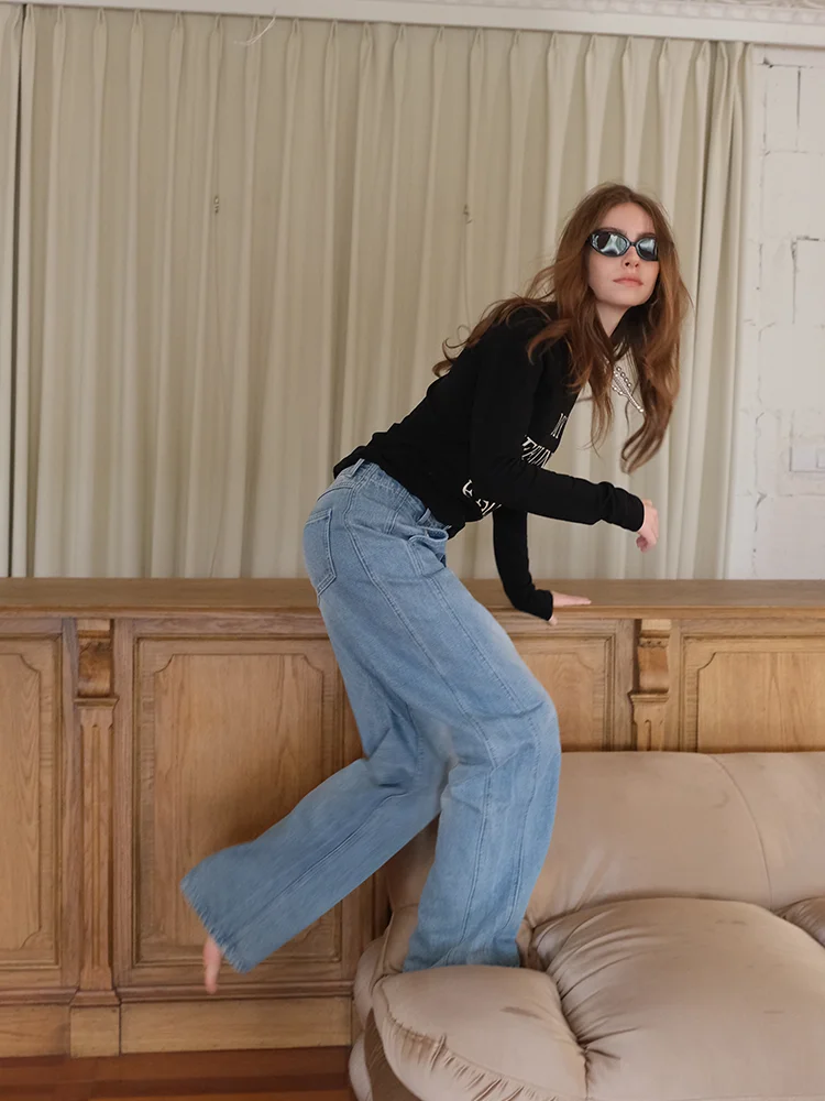 

Classic Retro up Women's High Waist Casual Straight Leg Jeans Loose Fit Long Pants Washed Denim Slimming Effect