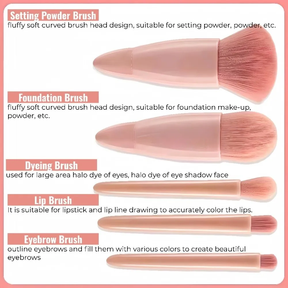 Set da 5 pezzi Set di pennelli per trucco morbido con custodia Mini pennelli per trucco portatili Strumenti di bellezza con kit di pennelli cosmetici a specchio