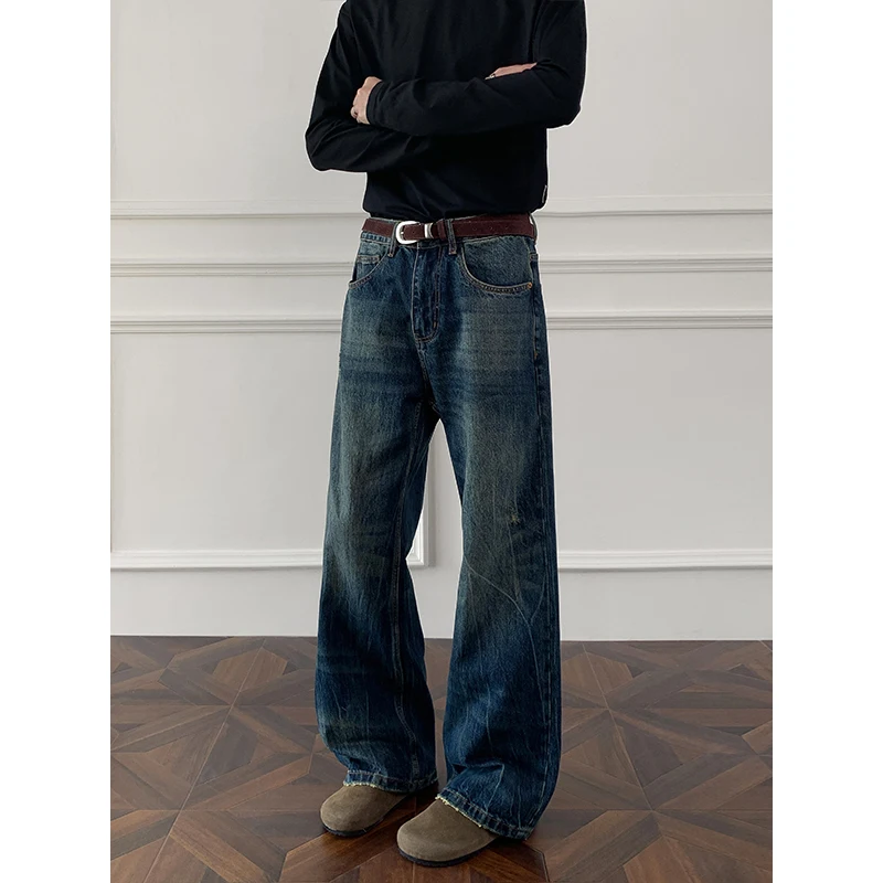 

Уличная одежда, мужские джинсы Bootcut, винтажные свободные джинсовые брюки в синюю полоску, уличная одежда 2025 года, мужские длинные брюки со средней талией 5XL