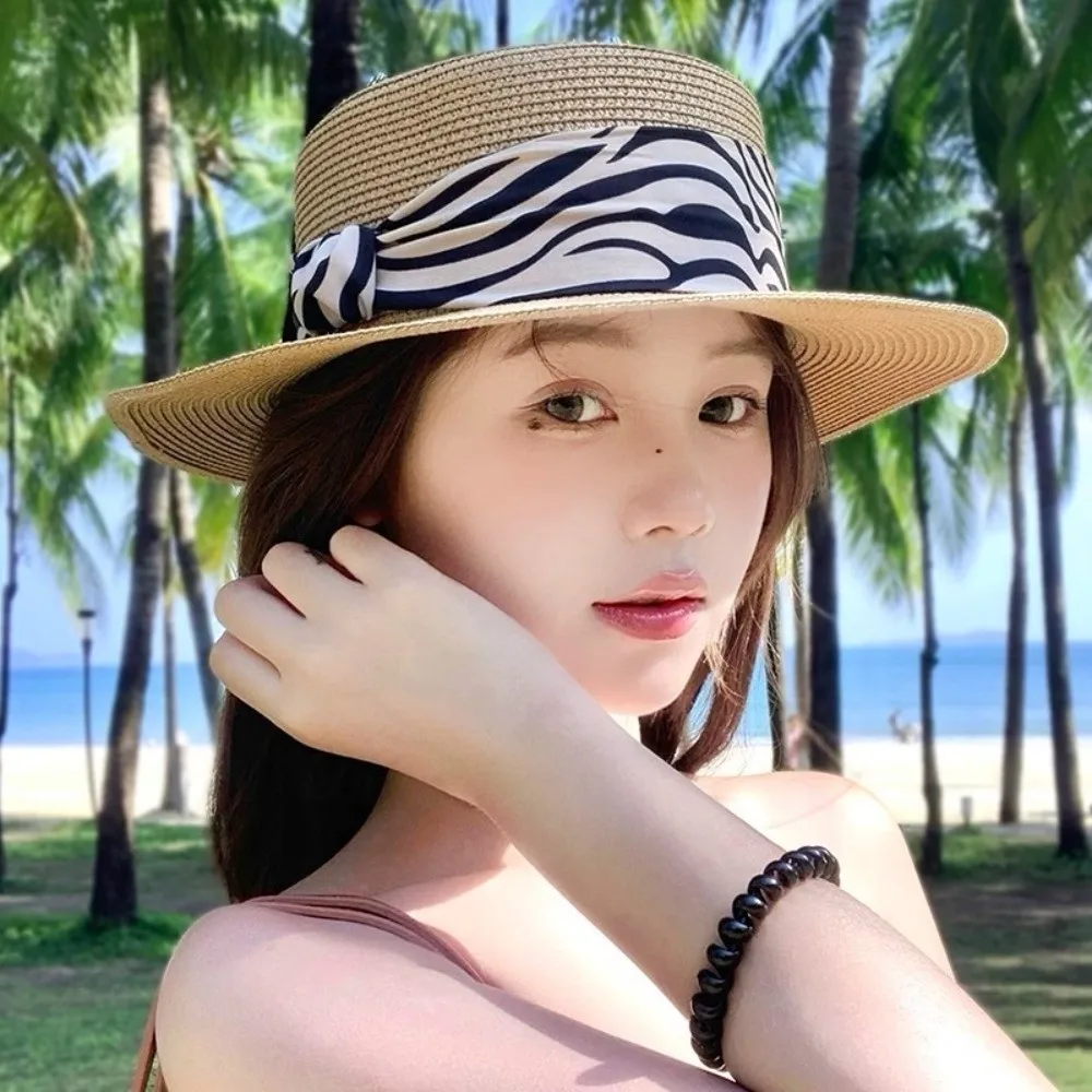 

with Leopard Print Belt Straw Woven Hat Korean Style Wide Brim Sunscreen Bucket Hat Flat Top Sunshade Women's Sun Hat Hiking