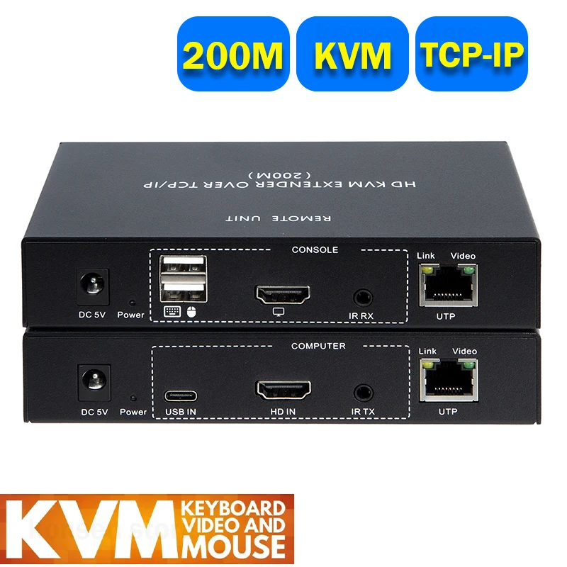 

200M HDMI IP KVM Extender over RJ45 Ethernet Cat5e/6 Cable 1080P HDMI Extender USB KVM via Network Switch Support Mouse Keyboard