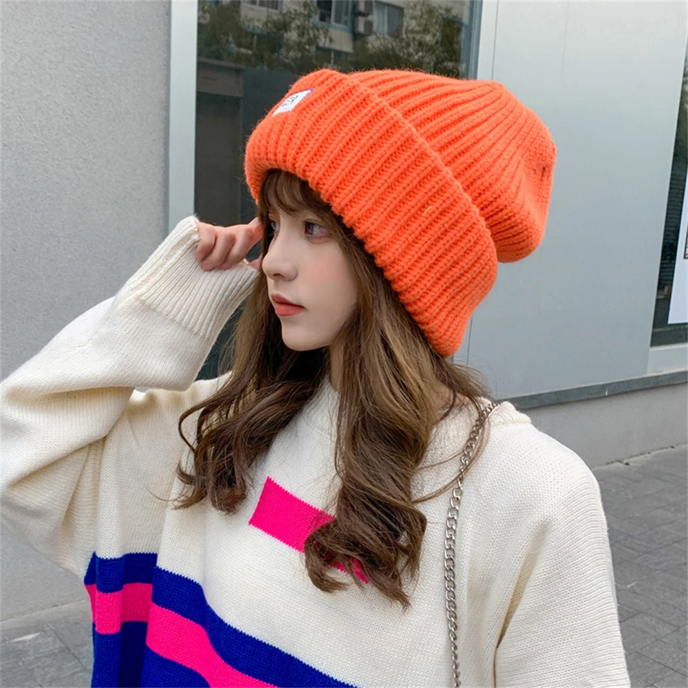 Women's Knitted Hat Winter Warm Cap Female Hip Hop Solid Color Cotton Knitting Muts Curled Coarse Wool Multicolor Big Hat