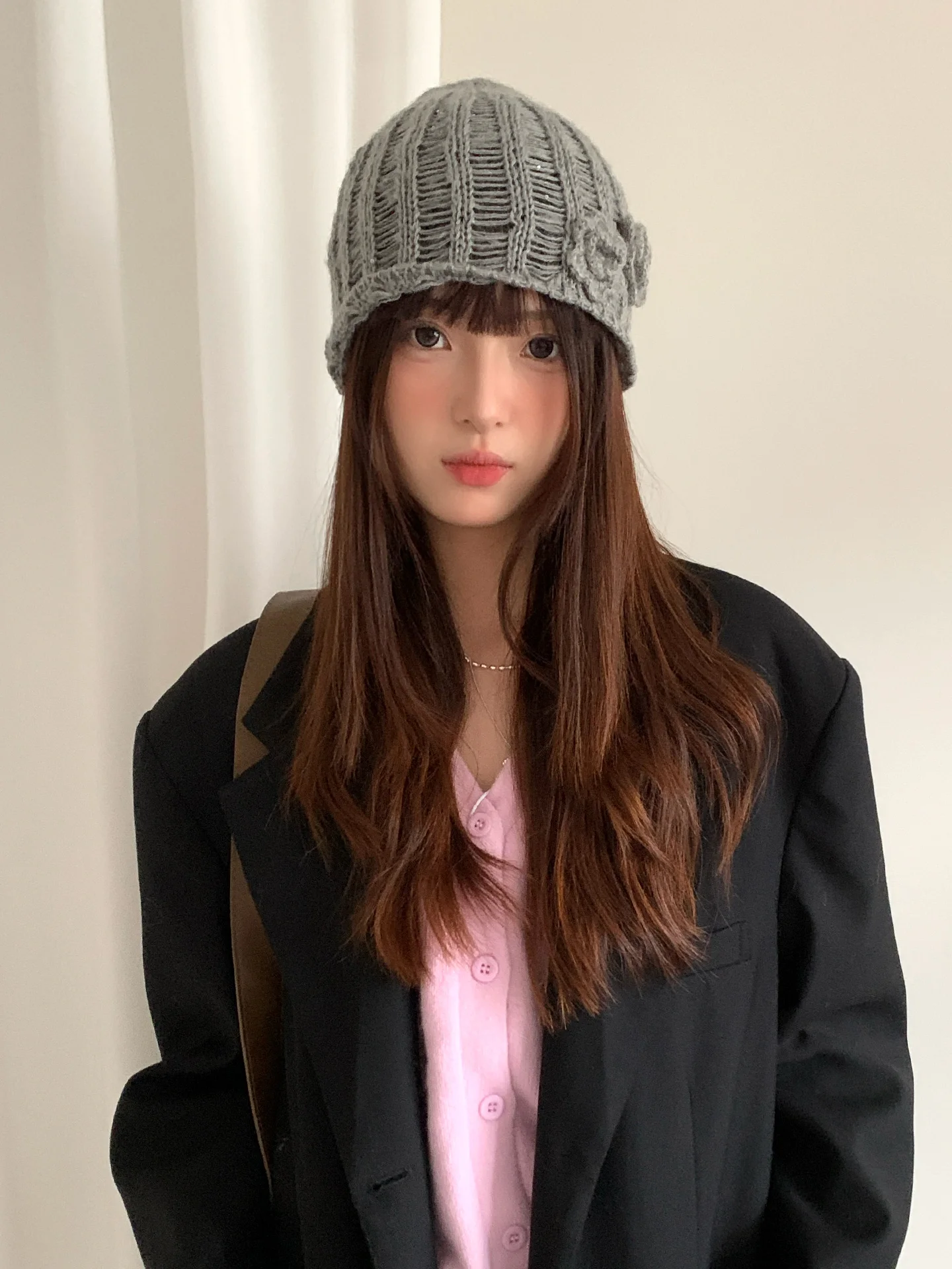 Retro Korean-Style Knitted Hat With Three-Dimensional Floral Cut-Outs Small-Scale Face-Flattering And Versatile For Summer