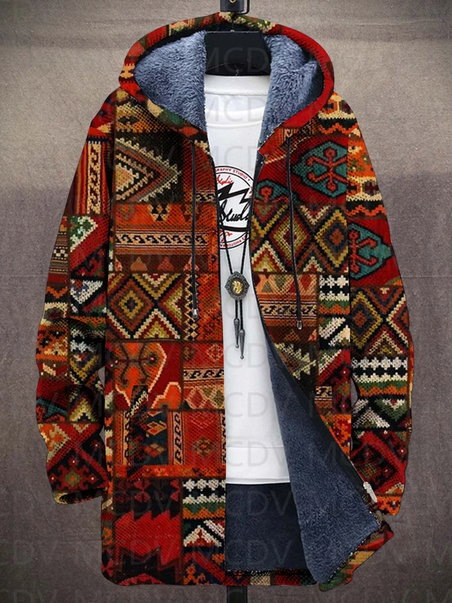 Vintage Abstract Art Print Plush Thick Long-Sleeved Sweater Cardigan Coat Warm Jacket