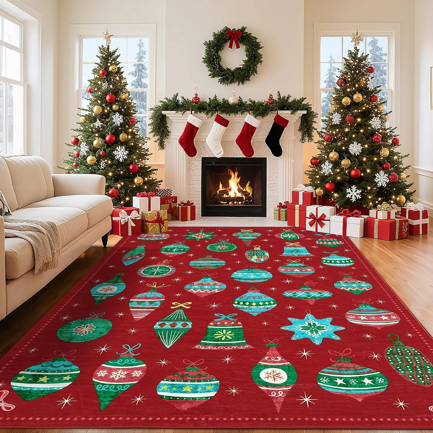 9x12 Red Printed Christmas Area Rug Low Pile Stain Resistant Washable Non Slip Rug Carpet for Large Open Indoor Space Home Decor