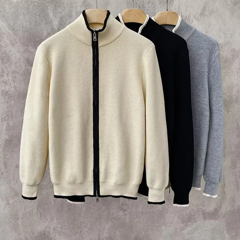 

Men's Knitted Cardigan Sweater Spring Autumn New Sle Double Zipper Design Color Blo Retro Trendy Long Sve Slim Fit Casual