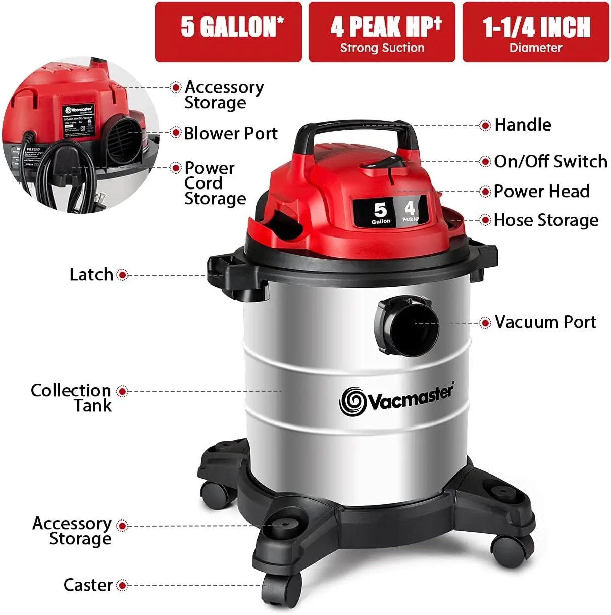  VOC508S 1102 5 Gallon Stainless Steel Wet Dry Shop Vacuum and 3 Gallon Ash Tank Combo