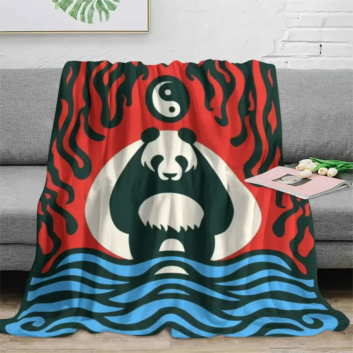 Modern Geometric Panda Flannel Blanket - Soft All-Season Bedding with Yin Yang Panda Print, Red & Blue Wave Design, Washable for