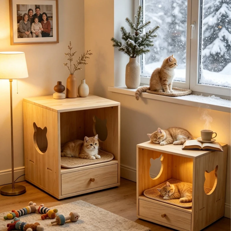 Solid wood dual-purpose cat nest edge, cat head hollowed out semi-closed cat house