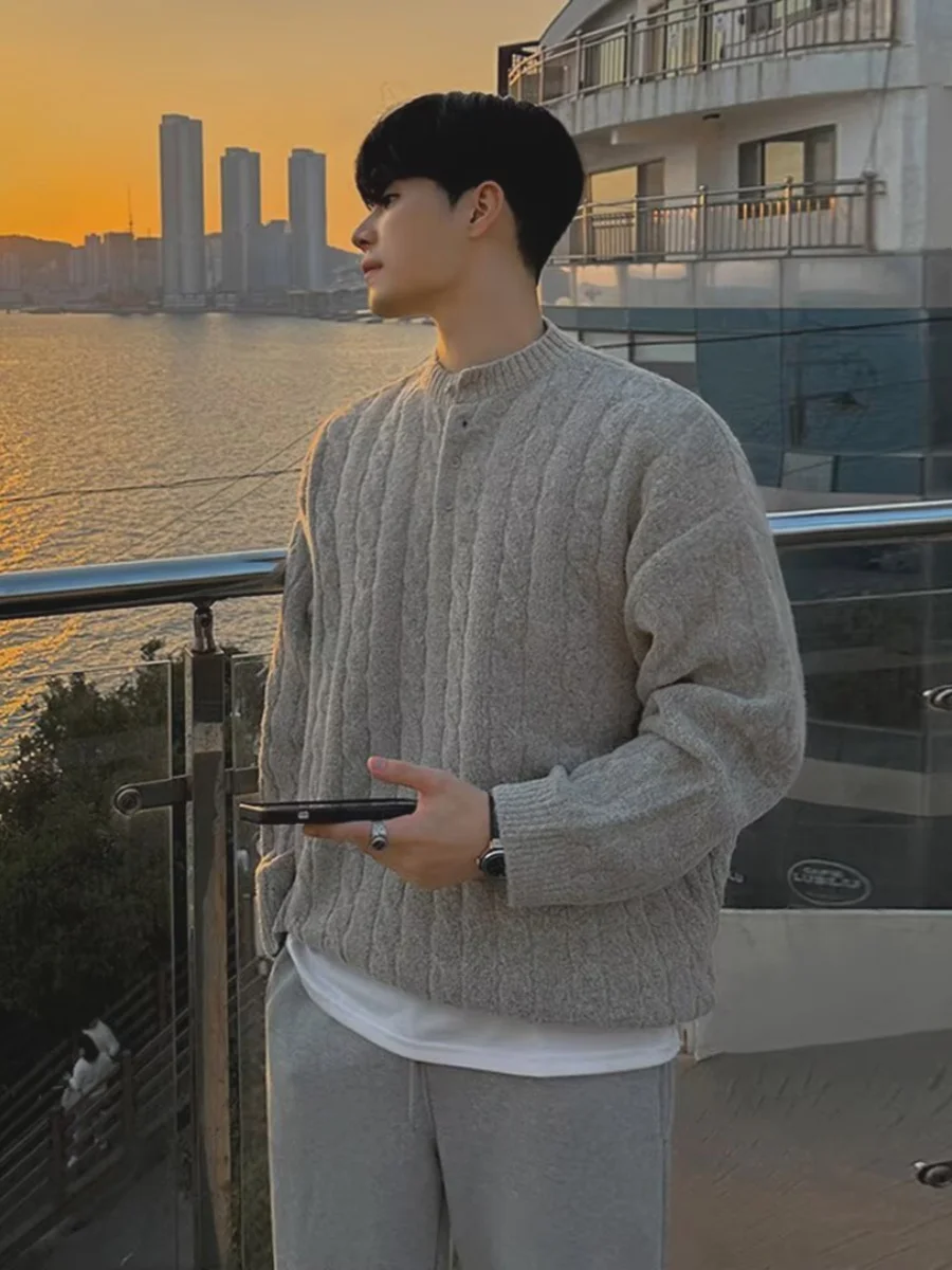 Laid-back Twist Rope Knitwear Men's High-End Feeling Henry Collar Slim-fit Sweatshirt Half Button Line Shirt Henry Shirt Trend