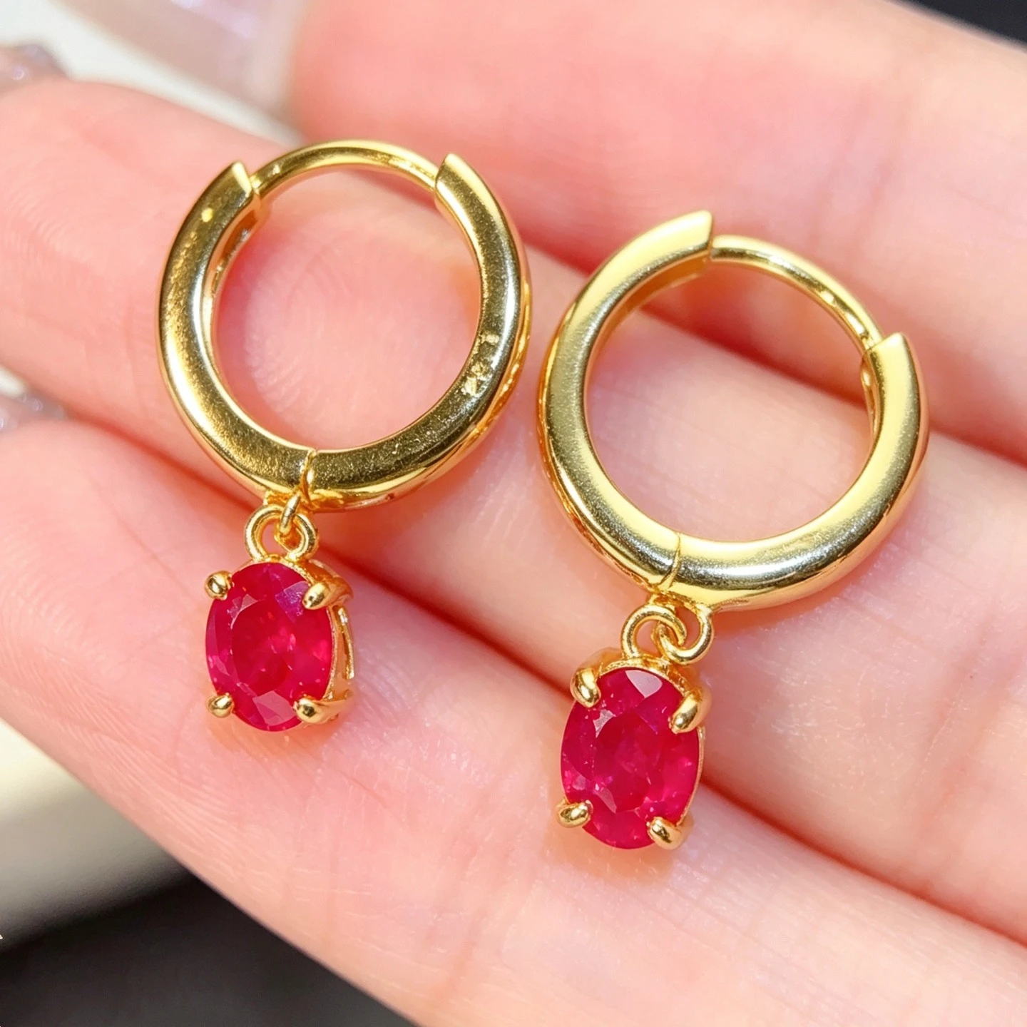 Classic Natural Ruby Hoop Earrings with Certificate 4x5mm Genuine Ruby 925 Silver Earrings with Thick 18K Gold Plating