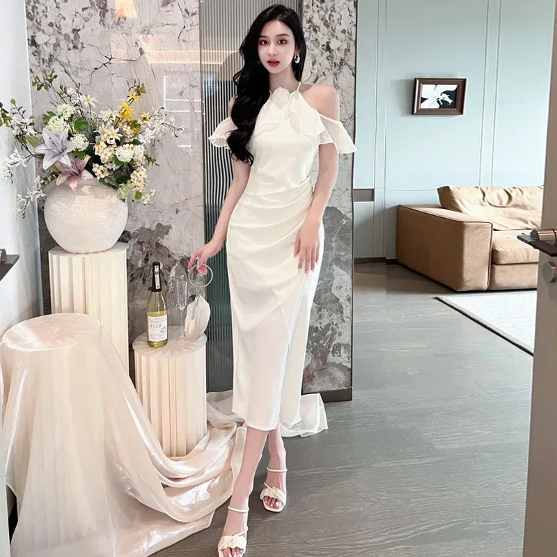 Celebrity No. 33 Temperamental Ruffled Halter Neck Dress Women Summer 2024 New Satin Fishtail High-end Slit Long Skirt