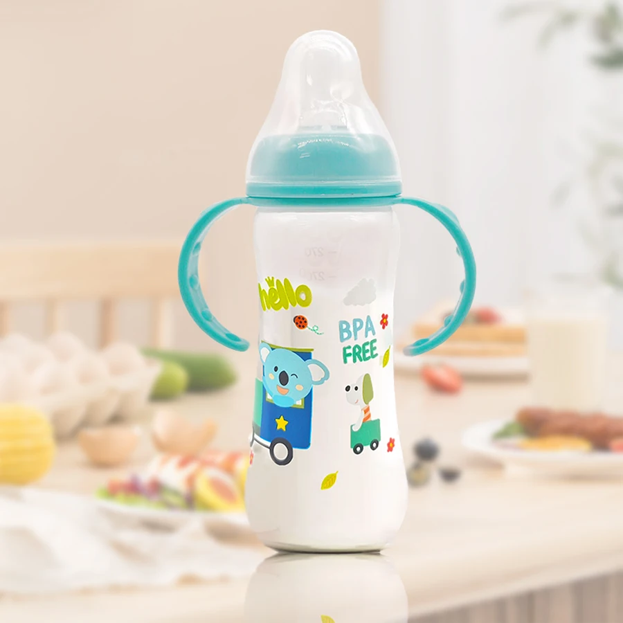 250ml large capacity baby cartoon pattern bottle with handle, random pattern, imitation breast milk bottle water bottle