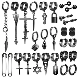 2 Pieces Stainless Steel Cross Long Chain Dangle Piercing Hoop Earrings Set for Men Women Gifts Black/Silver Tone