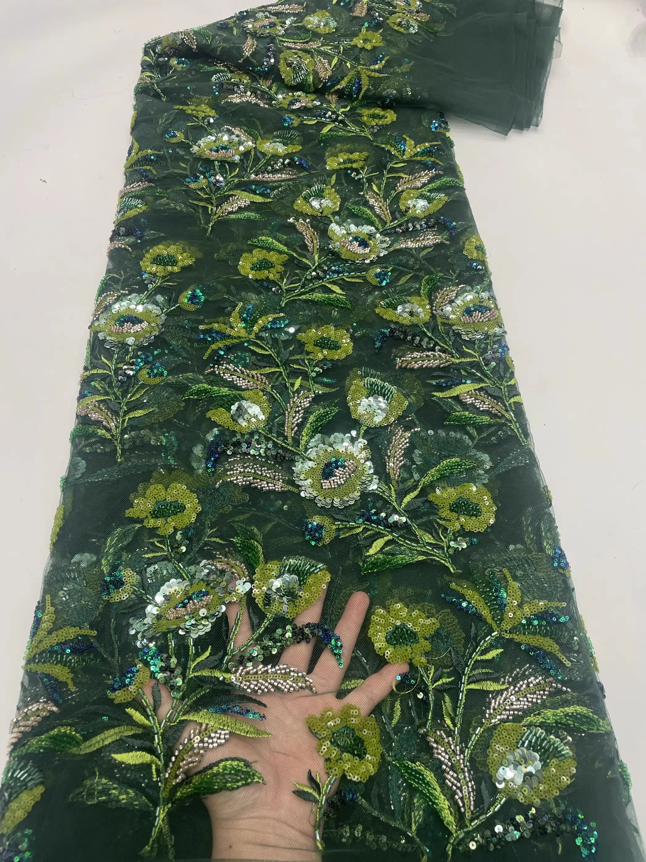 

1yard three-dimensional bead tube flower telas con bordado new mesh Fabrics for clothing Design Wedding Dress diy sewing fabric