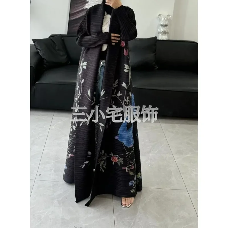 Miyake-vestido plisado de manga larga con estampado Vintage para mujer, abrigos clásicos de moda Abaya de diseñador Original, 2024