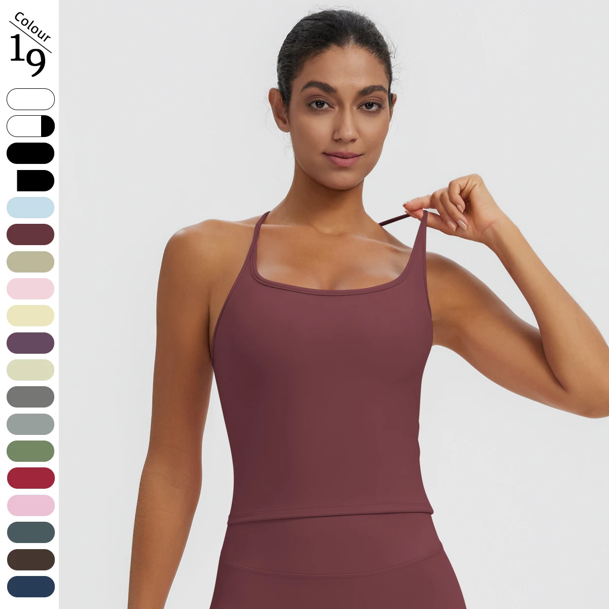 Hamidou Solid Color Beautiful Back Yoga I-shaped Vest Thin Shoulder Straps Vest with Chest Pad Gym Sports Running Workout Top