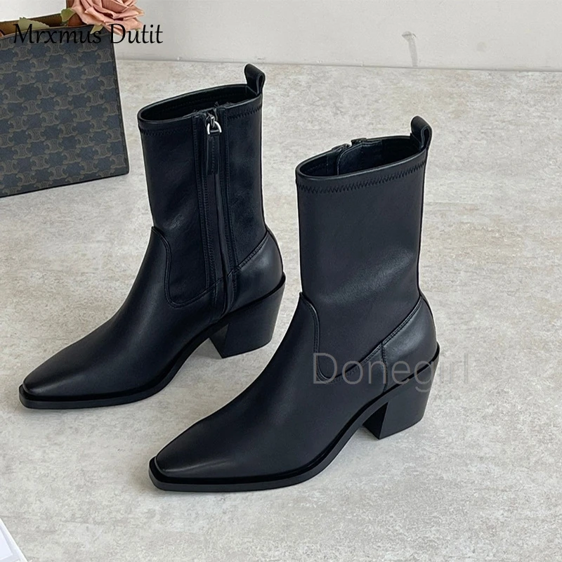 Winter Fashion Women goth boots Genuine Leather Pointed Head Zippers Short Boots Solid Simple Shoes Female Chic elastic boots